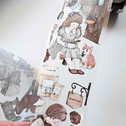 The Turtle Journal - Farm Girl PET Sticker Tape Roll - Wheelbarrow Farming Baby Animals Little Girl Countryside Warm Browns Greens Outdoor Outback Washi Tape Australian Adelaide Ducks Lambs Flowers