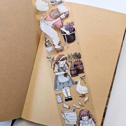The Turtle Journal - Farm Girl PET Sticker Tape Roll - Wheelbarrow Farming Baby Animals Little Girl Countryside Warm Browns Greens Outdoor Outback Washi Tape Australian Adelaide Ducks Lambs Flowers