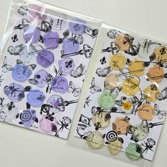 The Turtle Journal - Wax Seal Stickers - Peel and stick pre made wax seals letters correspondence romantic flowers texture green yellow lilac purples pinks