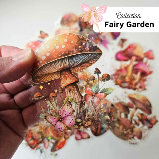 Fairy Garden Fungi Mushroom Butterfly Oranges Dark Pink Brown Journaling Paper Crafting Whimsical Vintage Collection PET Stickers Fairy Garden Mushrooms Glitter Stickers