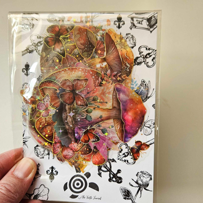 Fairy Garden Fungi Mushroom Butterfly Oranges Dark Pink Brown Journaling Paper Crafting Whimsical Vintage Collection PET Stickers Fairy Garden Mushrooms Glitter Stickers