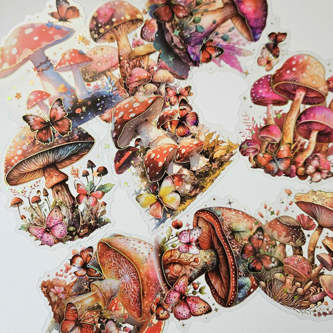 Fairy Garden Fungi Mushroom Butterfly Oranges Dark Pink Brown Journaling Paper Crafting Whimsical Vintage Collection PET Stickers Fairy Garden Mushrooms Glitter Stickers