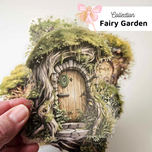 Fairy Garden Journaling Paper Crafting Whimsical Vintage Collection PET Stickers Fairy Door Garden Tree Green Botanical Stickers Moss