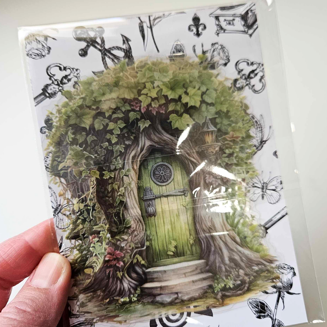 Fairy Garden Journaling Paper Crafting Whimsical Vintage Collection PET Stickers Fairy Door Garden Tree Green Botanical Stickers Moss