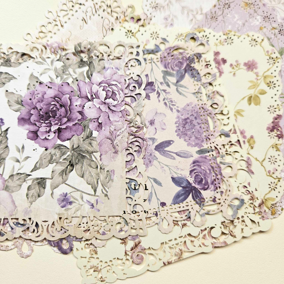 Printed Cardstock Doilies (10 pack) - Rachel The Turtle Journal - Doilies - Printed Diecut Lace Edging Scolloped - Vintage Lavender Lilac Floral Purple Paper Embellishments