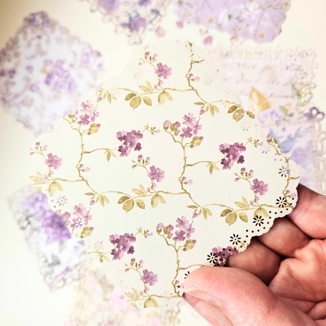 Printed Cardstock Doilies (10 pack) - Rachel The Turtle Journal - Doilies - Printed Diecut Lace Edging Scolloped - Vintage Lavender Lilac Floral Purple Paper Embellishments