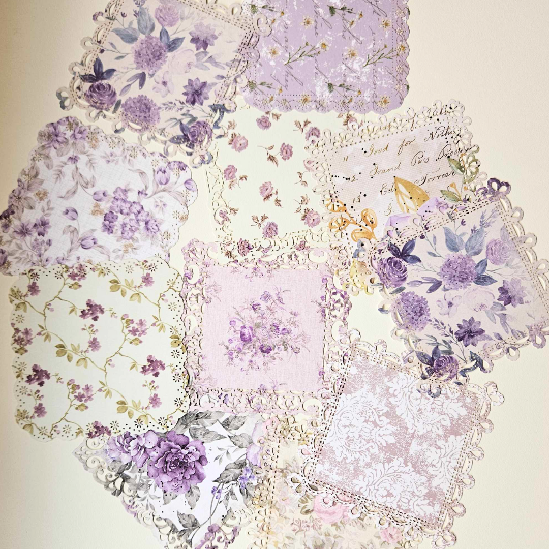 Printed Cardstock Doilies (10 pack) - Rachel The Turtle Journal - Doilies - Printed Diecut Lace Edging Scolloped - Vintage Lavender Lilac Floral Purple Paper Embellishments