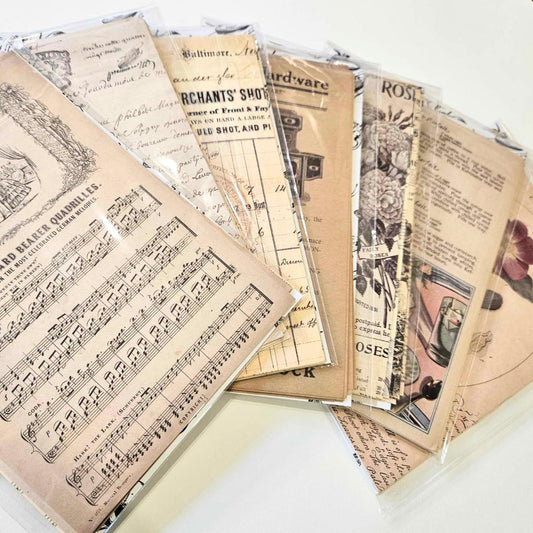 A5 Vintage Patterned Paper Packs (15 pieces) - Rachel The Turtle Journal - Patterned Papers for Scrapbooking Journaling Backgrounds A5 pack bundle journaling essentials beginner supplies Australian scrapbooking cardmaking collage supply vintage worn aged paper embellishments