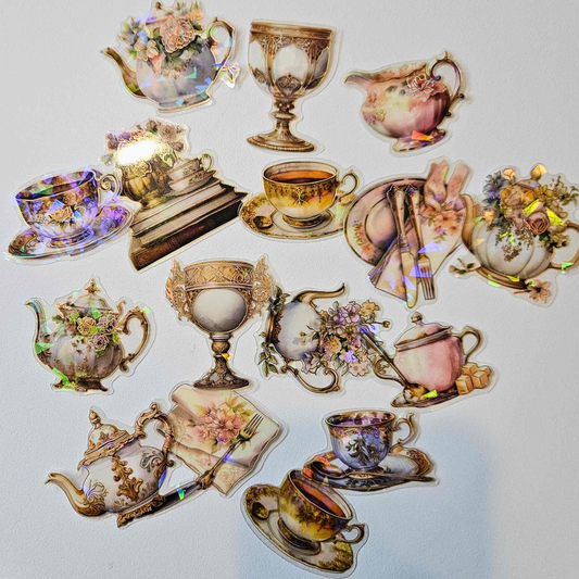 The Turtle Journal - Gilded Castle Sticker Set - Afternoon Tea - Teapots Teacups Sparkly - PET Stickers  Aussie Papercrafting Supplies Scrapbooking and Cardmaking Holographic