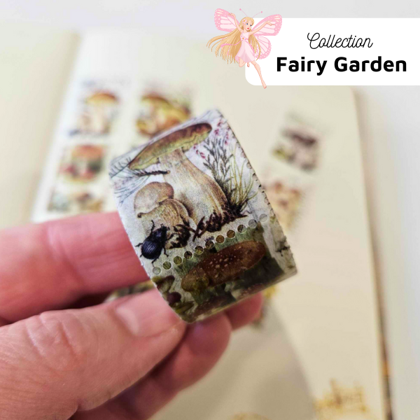 Perforated Washi Tape Mushroom Set Postage Stamp Style Fairy Garden Journaling Paper Crafting Whimsical Vintage Collection PET Stickers Fairy Door Garden Tree Green Botanical Stickers Moss