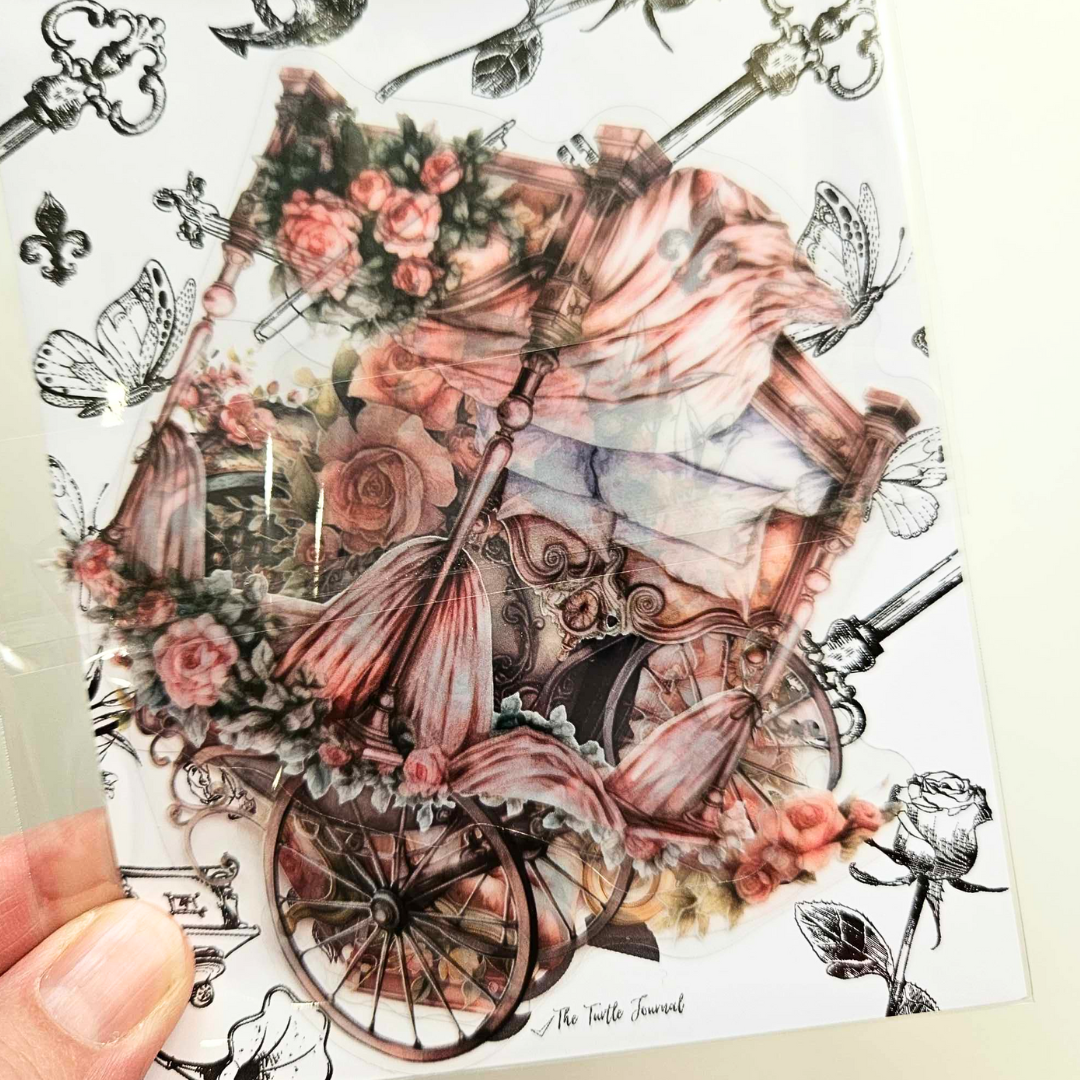 The Turtle Journal - Royal Carriage Life PET Sticker Sets - Pink Velvet Bridgerton Downton Abbey Coach Floral Typewriter - Scrapooking Journaling Cardmaking Sticker Set