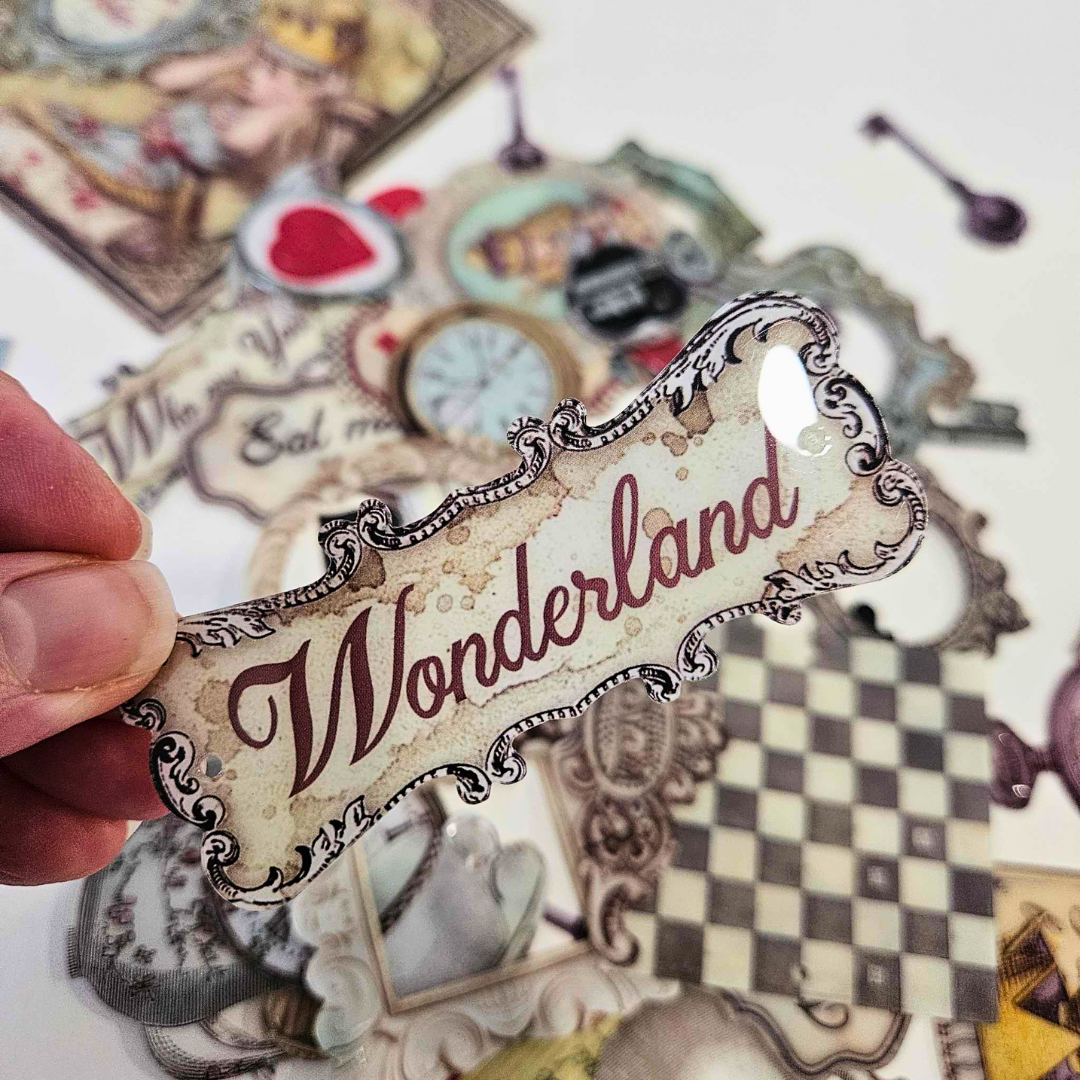 Stamperia Alice in Wonderland Plastic Clear Die cuts Die-Cuts Embellishments Pieces Bundles Vintage Clocks Chess Keys translucent Rabbit White Creative Journaling Cardmaking Fairytale