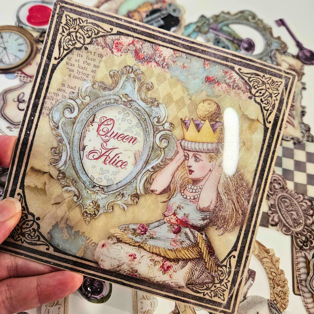 Stamperia Alice in Wonderland Plastic Clear Die cuts Die-Cuts Embellishments Pieces Bundles Vintage Clocks Chess Keys translucent Rabbit White Creative Journaling Cardmaking Fairytale