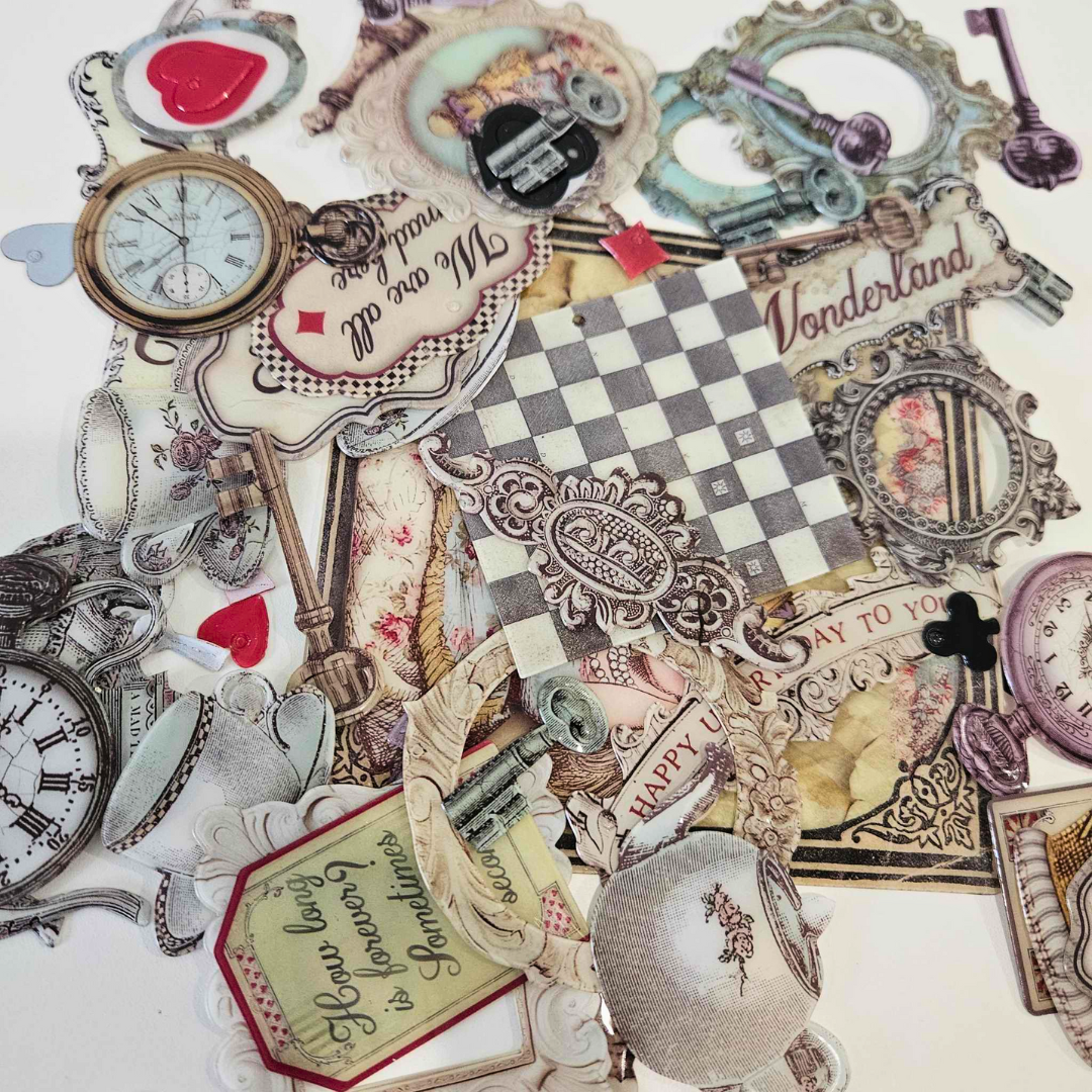 Stamperia Alice in Wonderland Plastic Clear Die cuts Die-Cuts Embellishments Pieces Bundles Vintage Clocks Chess Keys translucent Rabbit White Creative Journaling Cardmaking Fairytale