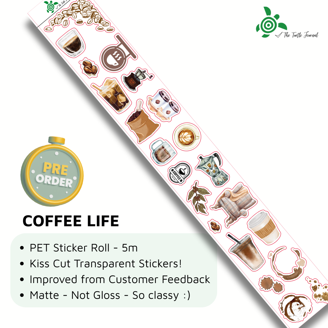 *PRE ORDER* Coffee Life PET Matte Sticker Roll 5m - The Turtle Journal-Rachel The Turtle Journal