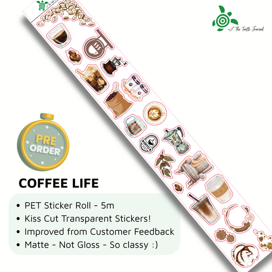 *PRE ORDER* Coffee Life PET Matte Sticker Roll 5m - The Turtle Journal-Rachel The Turtle Journal