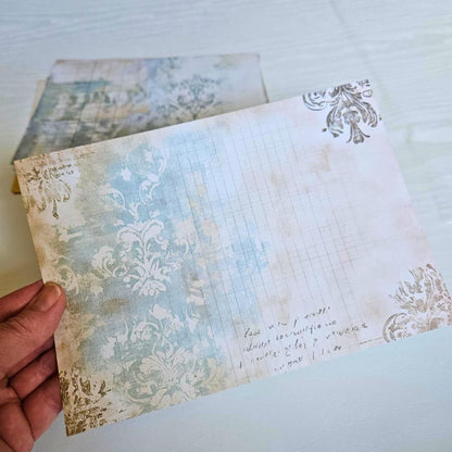 A5 French Blue Patterned Paper Pack (8 sheets)-A5 French Blue Patterned Paper Pack (8 sheets) - The Turtle Journal Vintage Inspired Journaling-Rachel The Turtle Journal