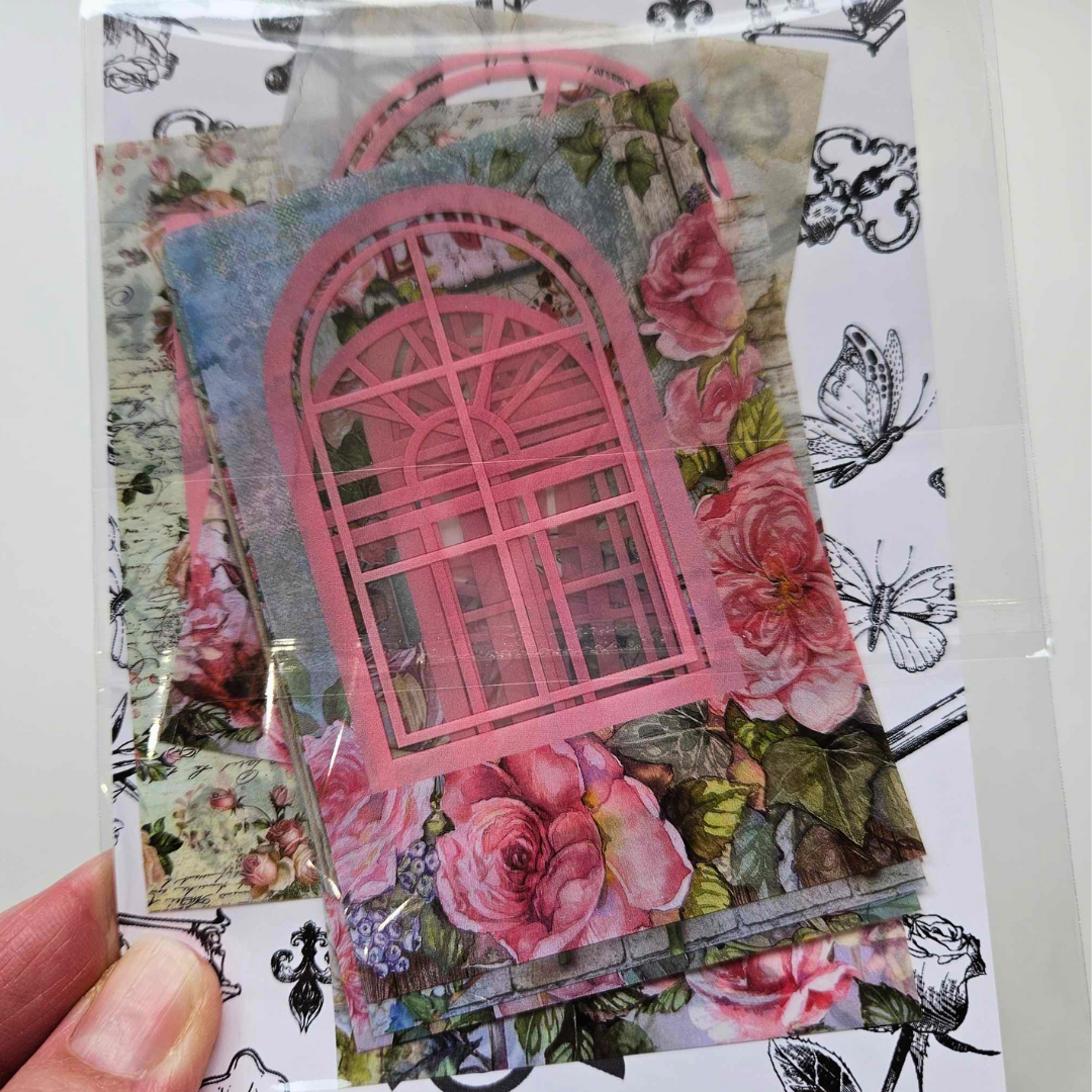 Windowsill Sticker Set - 10 pieces - Rachel The Turtle Journal - PET Stickers Scrapbooking Cardmaking 3D effect window stained glass green pink rose garden vintage style 10 pack