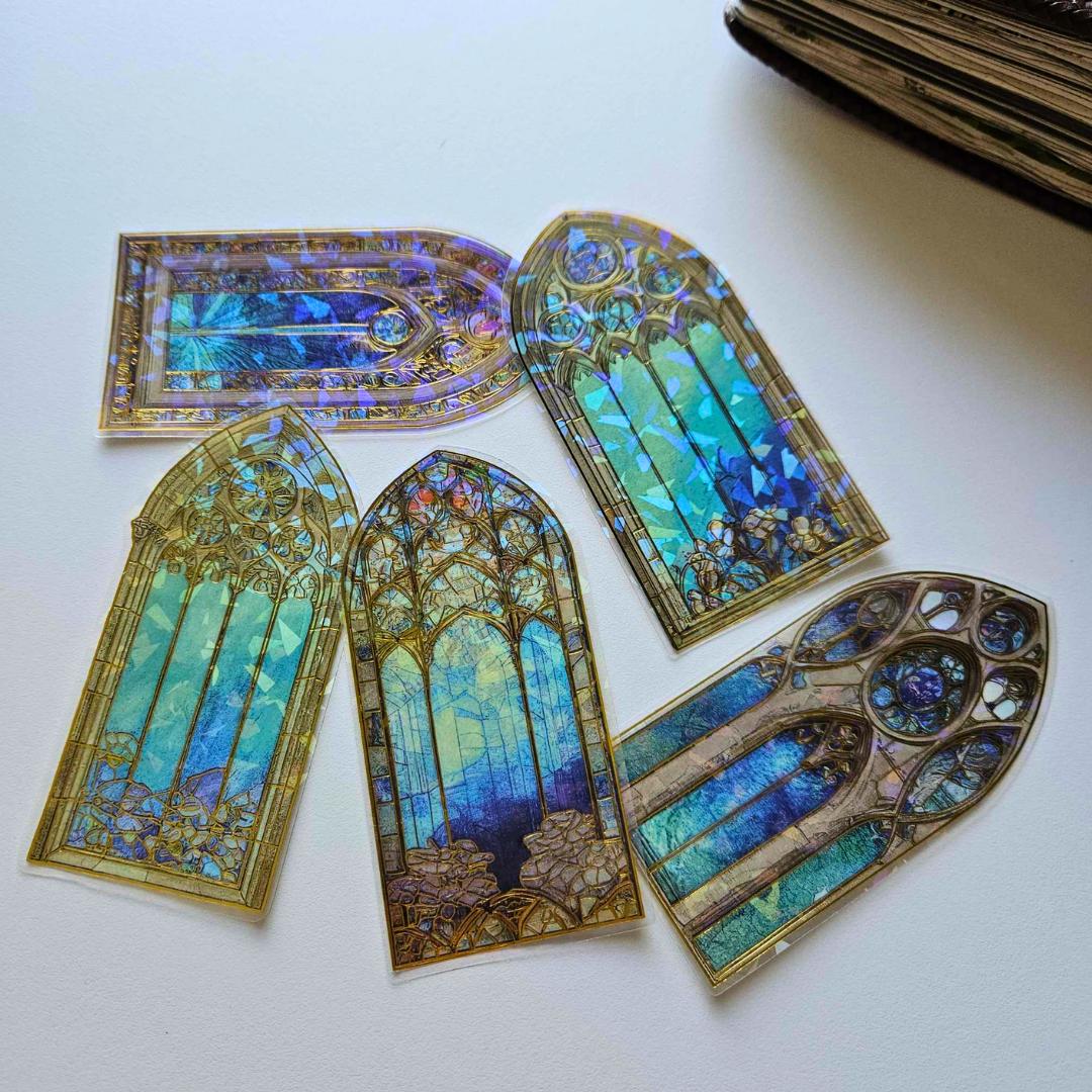 Stained Glass Window Sticker Set (5 piece)-Blue-Stained Glass Window Sticker Set (5 piece) - The Turtle Journal PET Durable Scrapbooking Journaling Supplies-Rachel The Turtle Journal