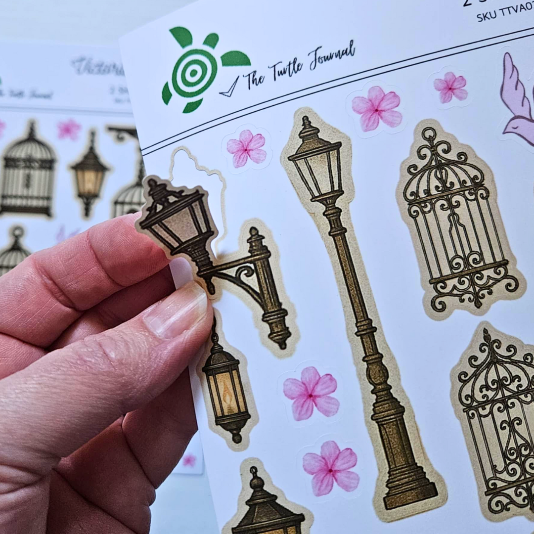Victorian Alley Matte Sticker Set (2 x A5 Sheets) - The Turtle Journal-Victorian Alley Matte Sticker Set (2 x A5 Sheets) - The Turtle Journal Garden Nature Gnome Journaling-Rachel The Turtle Journal
