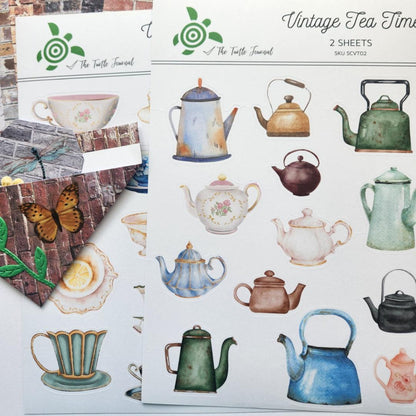 Vintage Tea Time Watercolour Matte Sticker Set (2 sheets) - The Turtle Journal-Vintage Tea Time Watercolour Matte Sticker Set (2 sheets) - The Turtle Journal Journaling Supplies-Rachel The Turtle Journal