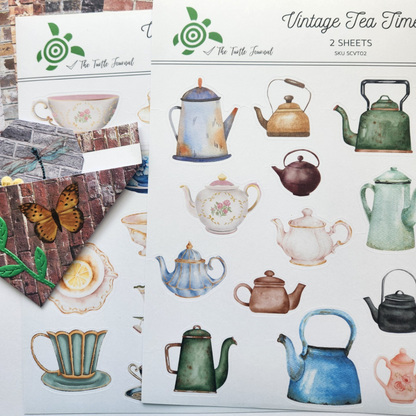 Vintage Tea Time Watercolour Matte Sticker Set (2 sheets) - The Turtle Journal-Vintage Tea Time Watercolour Matte Sticker Set (2 sheets) - The Turtle Journal Journaling Supplies-Rachel The Turtle Journal