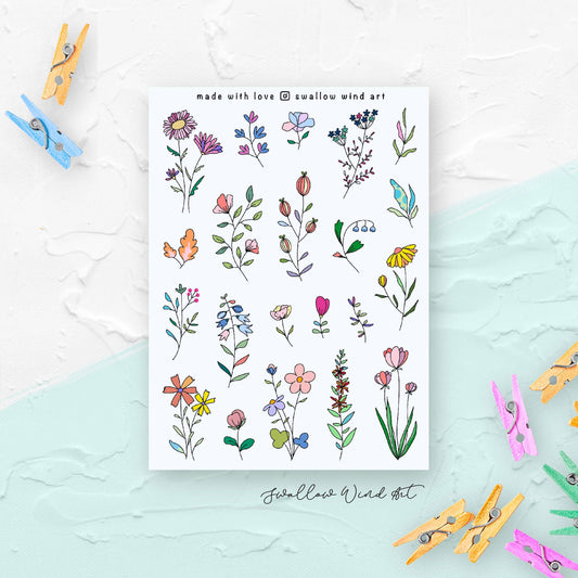 Wildflowers and Leaves v2 Sticker Sheet - Swallow Wind Art