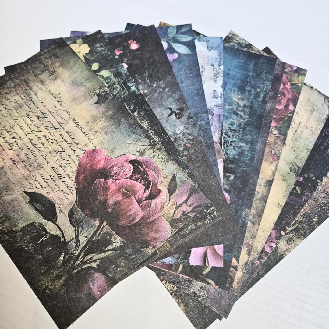 A5 Midnight Graffiti Flowers Patterned Paper Pack (12 sheets)-A5 Midnight Graffiti Flowers Patterned Paper Pack (12 sheets) - The Turtle Journal Vintage Inspired Journaling-Rachel The Turtle Journal