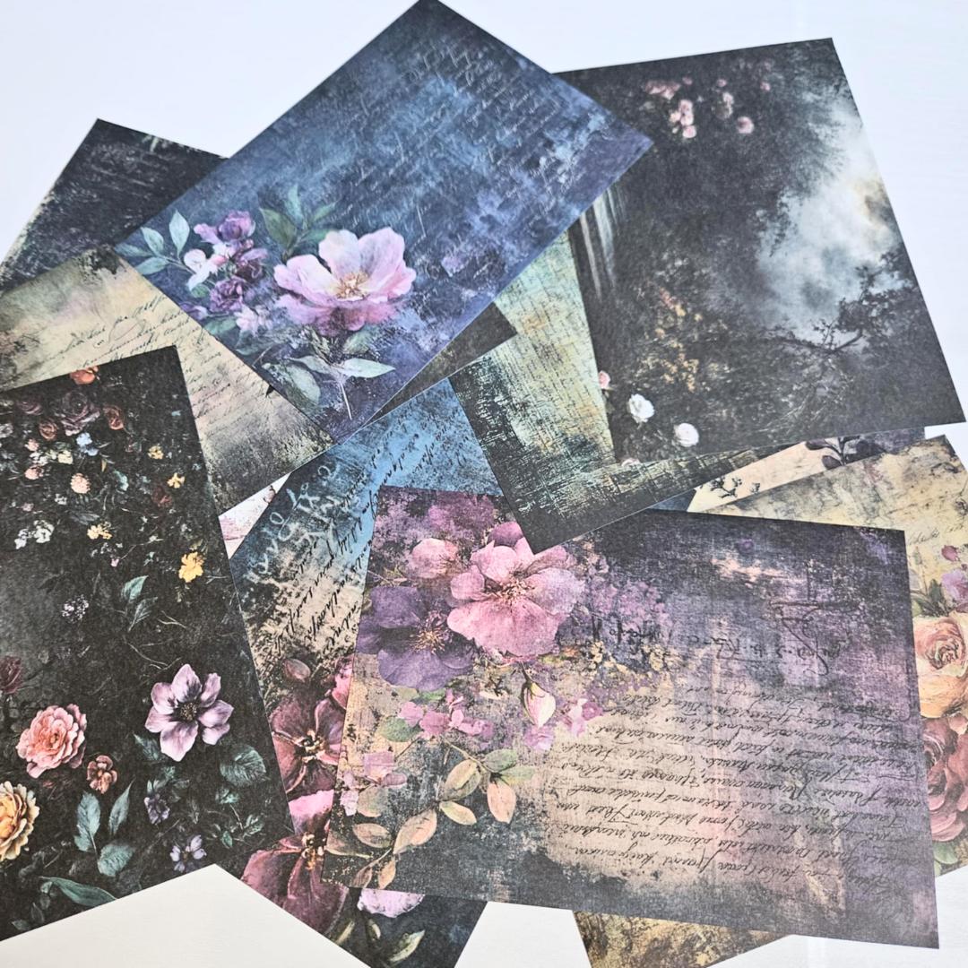 A5 Midnight Graffiti Flowers Patterned Paper Pack (12 sheets)-A5 Midnight Graffiti Flowers Patterned Paper Pack (12 sheets) - The Turtle Journal Vintage Inspired Journaling-Rachel The Turtle Journal