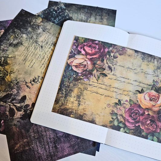 A5 Midnight Graffiti Flowers Patterned Paper Pack (12 sheets)-A5 Midnight Graffiti Flowers Patterned Paper Pack (12 sheets) - The Turtle Journal Vintage Inspired Journaling-Rachel The Turtle Journal