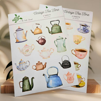 Vintage Tea Time Watercolour Matte Sticker Set (2 sheets) - The Turtle Journal-Rachel The Turtle Journal