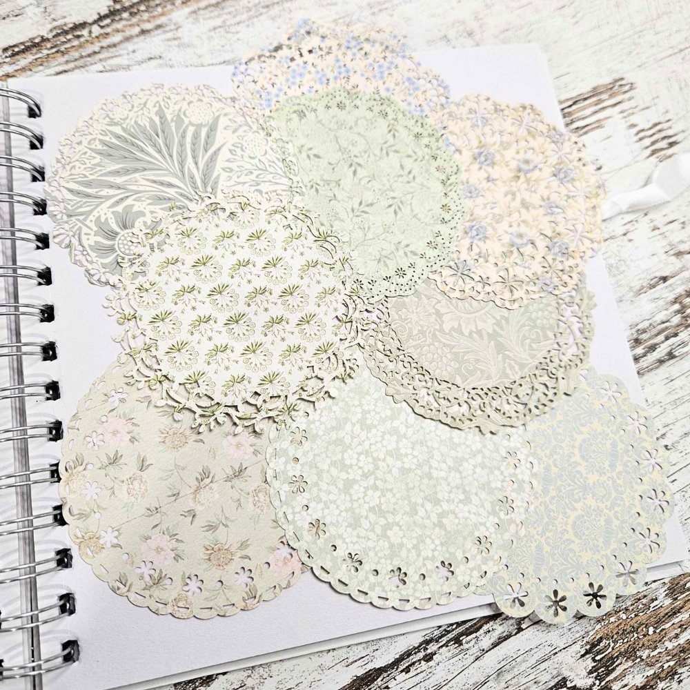 Printed Cardstock Doilies (10 pack) - Rachel The Turtle Journal - Doilies - Printed Diecut Lace Edging Scolloped - Vintage Green Sage Paper Embellishments