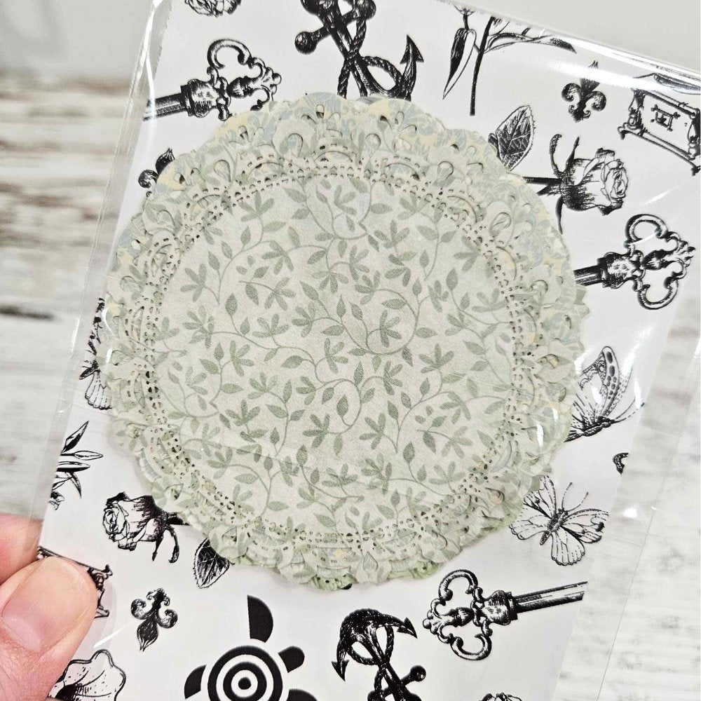 Printed Cardstock Doilies (10 pack) - Rachel The Turtle Journal - Doilies - Printed Diecut Lace Edging Scolloped - Vintage Green Sage Paper Embellishments