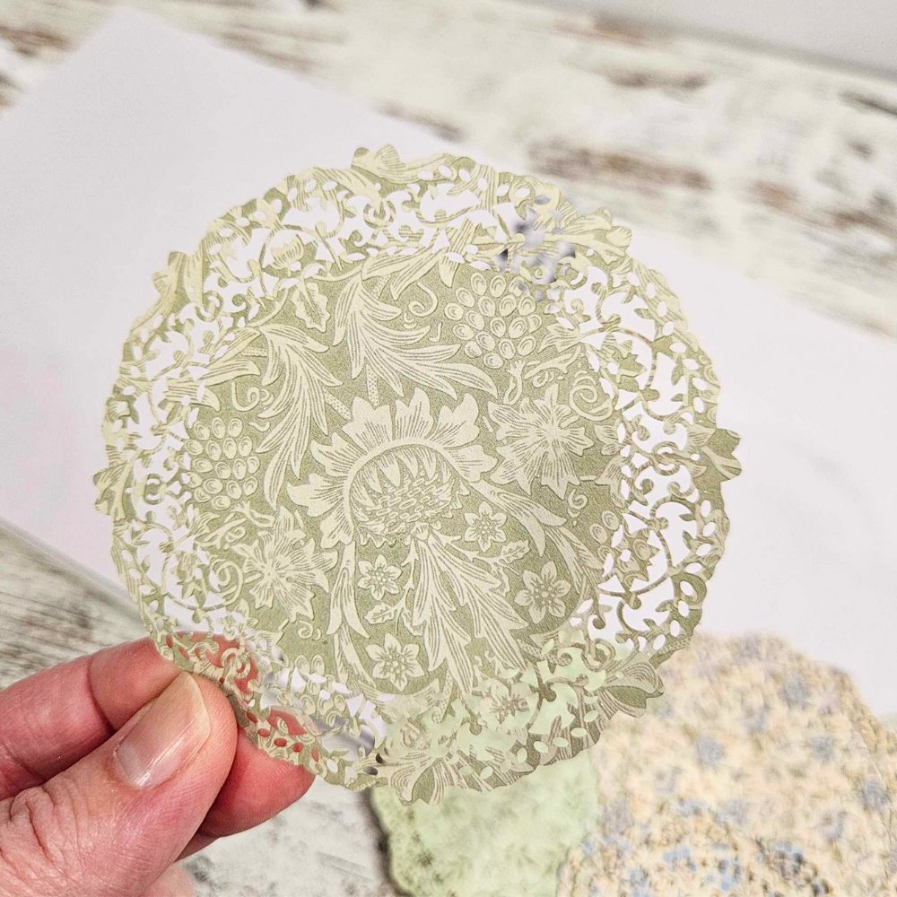 Printed Cardstock Doilies (10 pack) - Rachel The Turtle Journal - Doilies - Printed Diecut Lace Edging Scolloped - Vintage Green Sage Paper Embellishments