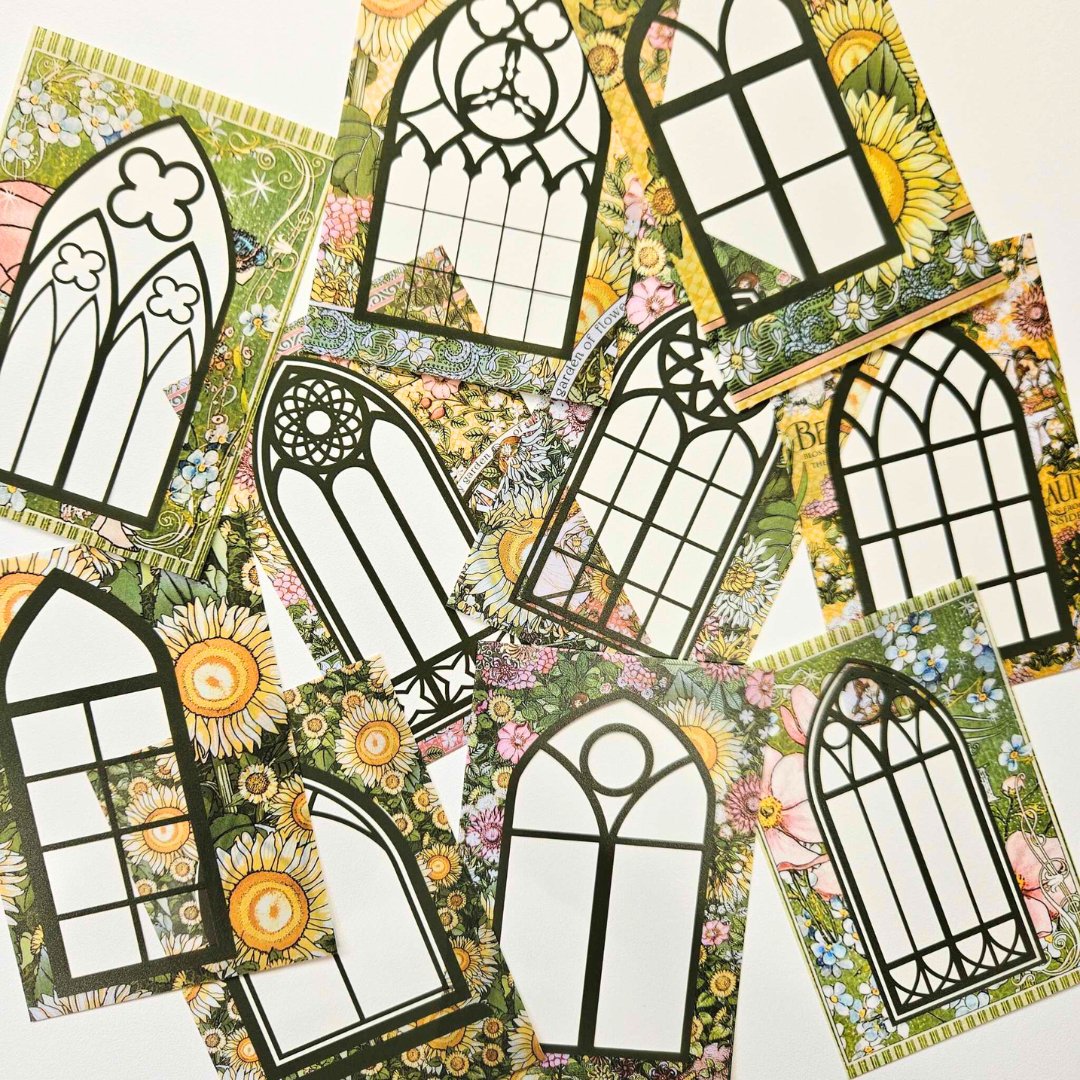 Windowsill Sticker Set - 10 pieces - Rachel The Turtle Journal - - -Windowsill Sticker Set - 10 pieces - Rachel The Turtle Journal - PET Stickers Scrapbooking Cardmaking 3D effect window stained glass green pink rose garden vintage style 10 pack